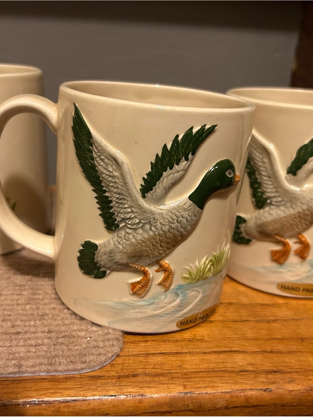 Hand-Painted Mallard Duck Ceramic Mug - Cream and Green